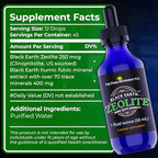 The Food Movement Co Black Earth Zeolite packaging detailing over seventy trace minerals