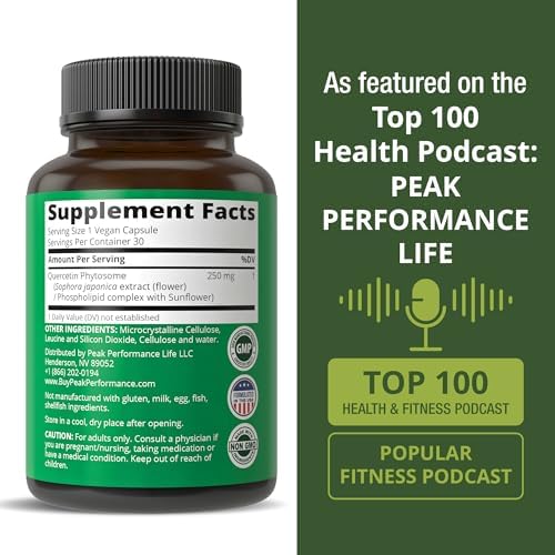 Side profile of Peak Performance Quercetin Phytosome 30 count bottle showing clear allergen free product highlights
