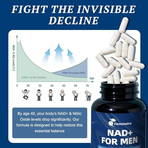 Close up of Femmetra NAD+ men's health supplement bottle