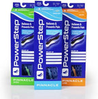 Packaging of PowerStep Pinnacle Insoles for plantar fasciitis relief and moderate pronation control.