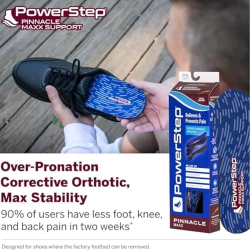 PowerStep Pinnacle Maxx orthotic insoles inside a shoe demonstrating fit and stability.