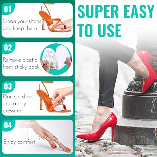 Comfwalk StepEase pads being applied to the inside of a high heel shoe for anti-slip support.
