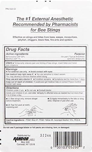 Individual Sting-Kill disposable anesthetic swabs showing the portable first aid packaging.