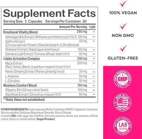 Side view of HerAuré Vaginal Moisture bottle highlighting the 60 vegan capsules count.