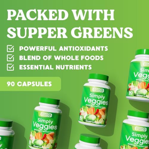Simply Nature's Pledge daily superfood capsules highlighting beta carotene and aloe vera benefits.