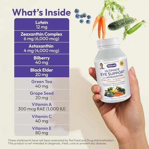 Side view of Andrew Lessman eye supplement bottle showing ingredients