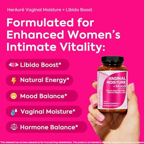 HerAuré feminine vitality supplement bottle showing key ingredients like Ashwagandha and Maca.