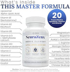 Zen Nutrients NeuraZenX dietary supplement supplement facts label displaying 20-in-1 premium ingredients