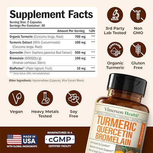 Vimerson Health organic turmeric curcumin capsules displaying premium allergy and joint relief formula benefits