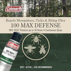 Back label view of Coleman insect protection spray illustrating usage directions and ingredients
