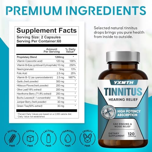Authentic USA imported 60 day supply tinnitus relief bottle packaging details.