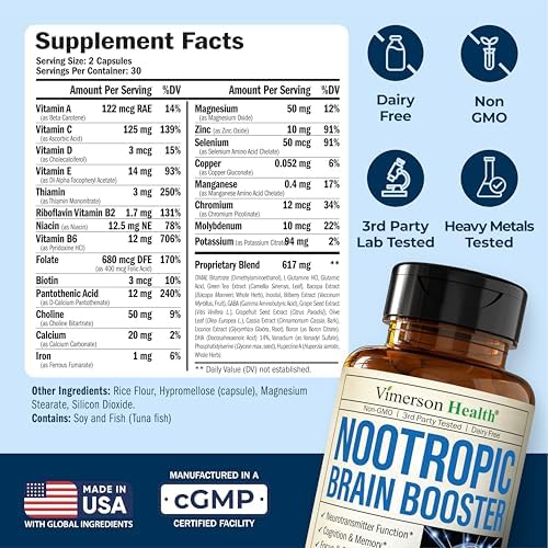 Side view of Vimerson Health brain booster bottle detailing the non GMO and made in USA seals