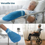 Dementia care must haves showing pair of blue protective hand mitts.