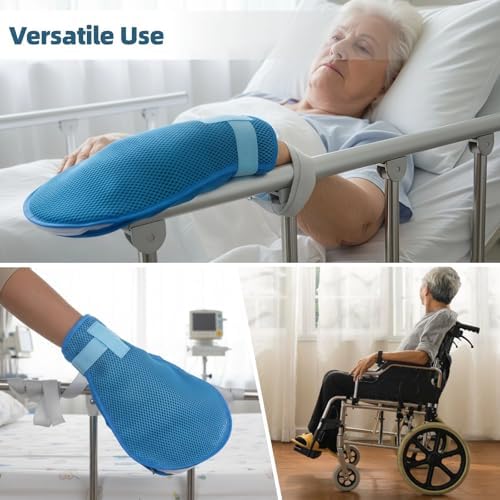 Dementia care must haves showing pair of blue protective hand mitts.