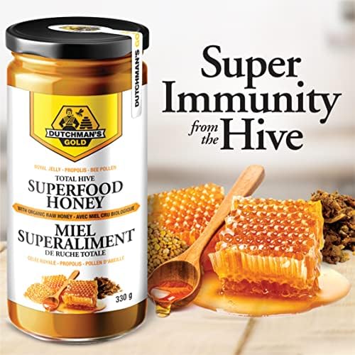 Premium imported Dutchman's Gold superfood honey jar placed on a clean wellness-themed background.