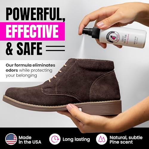 Pink Miracle Shoe Deodorizer Spray packaging highlighting the natural pine ingredient focus.