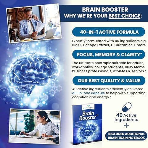 Nature's Branch 40-in-1 Brain Booster Supplement close up view of dietary facts and recommended dosage instructions for adults.