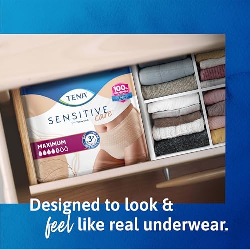 Tena Sensitive Care adult underwear stack showing product quantity