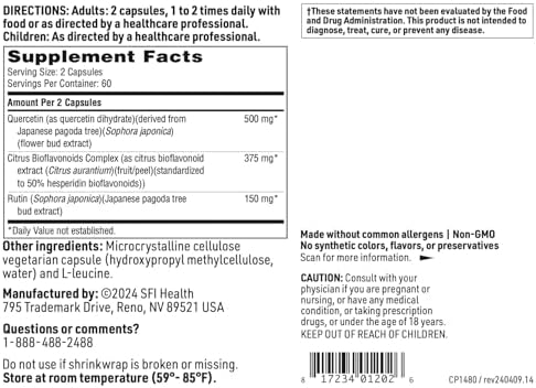 SFI Health Klaire Labs Bioflavonoid Complex vegetarian capsules bottle showing complete supplement facts table.