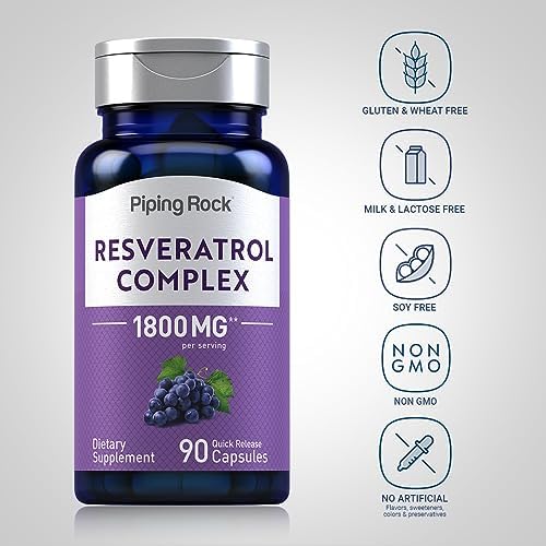 Side view of Piping Rock Resveratrol 1800mg dietary supplement bottle