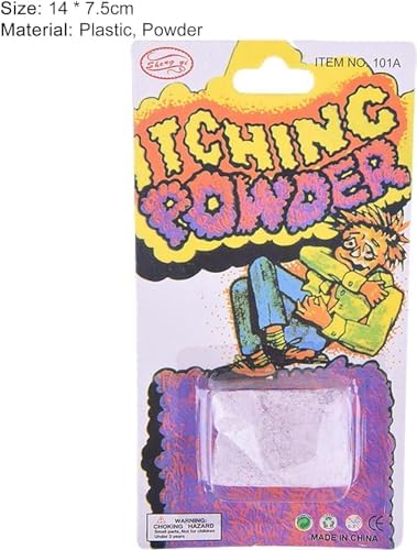 Two packets of purple itching powder showing the 14cm by 7.5cm dimensions.