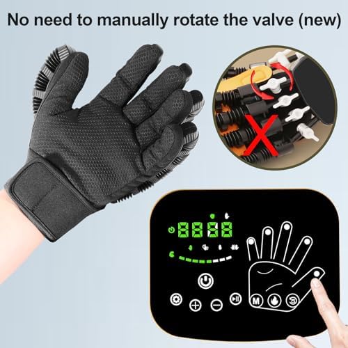 Close up of MZU heated therapy glove showing pneumatic finger sensors and black fabric.