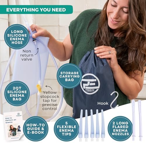 Seven interchangeable enema tips and nozzles included in the PE Premium kit.