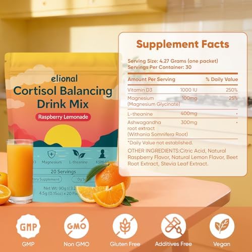 Elional ashwagandha and l-theanine drink mix for cortisol reduction.