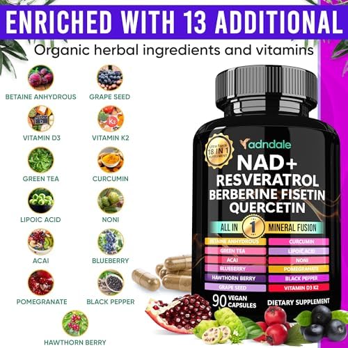 Side view of Adndale 18-in-1 NAD+ supplement showing ingredient list