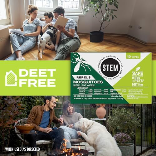 STEM travel size mosquito and tick repellent wipes showing the official dimensions and count.