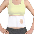 HKJD medical ostomy belt front view showing the medical grade white fabric and the three point fourteen inch stoma opening