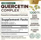 Nature's Nutrition Quercetin 1000mg supplement label showing extra strength plant-based bioflavonoids ingredients.