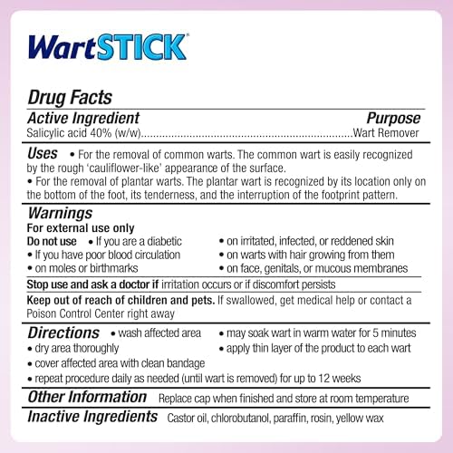 WartStick maximum strength wart remover instructions and ingredients label view.