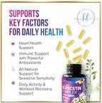 Hello Lovely Quercetin capsule bottle placed next to natural botanical leaves indicating a clean plant-based dietary formula.