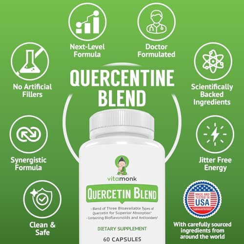 Side angle view of VitaMonk Quercetin Complex showing gluten free and vegan product details.