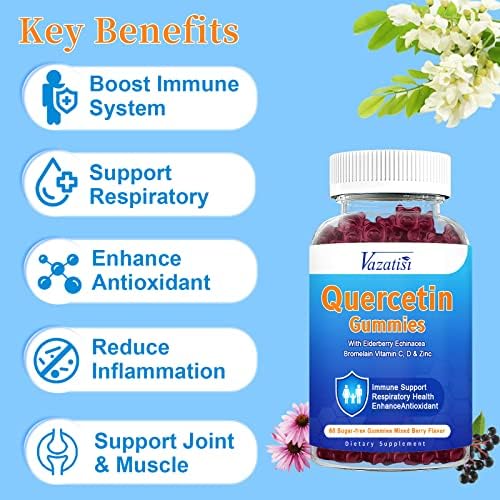 Supplement facts label of Vazatisi Quercetin gummies showing 1200mg serving size with zinc and elderberry.