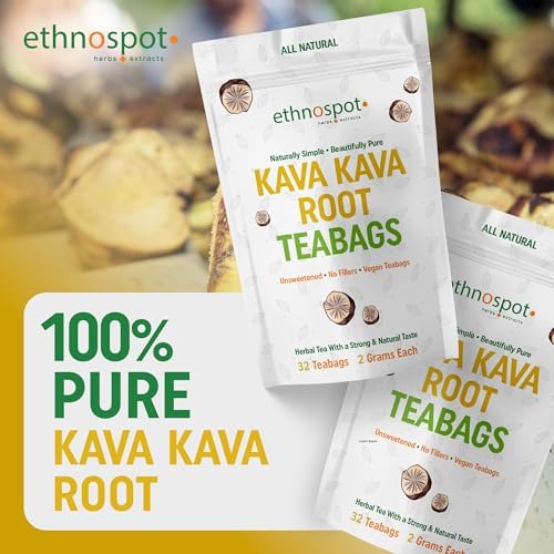 Ethnospot Kava Kava herbal tea box angled view highlighting the 100 percent natural stress support claim
