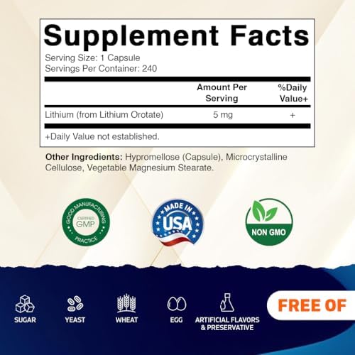 Lithium orotate 5mg veggie vitamin supplements providing a long lasting supply for health and vitamins