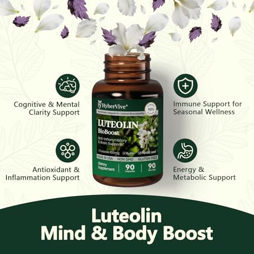 USA manufactured non GMO gluten free certification seals on HyberVive luteolin packaging