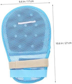 Blue anti-scratch patient restraint gloves with 3D mesh fabric detail.