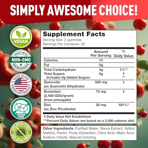 Vegan quercetin gummy bears with bromelain and zinc ingredients display