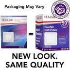 Healqu sterile wound care pads opened individual wrapper showing the 2x2 inch adhesive border design.