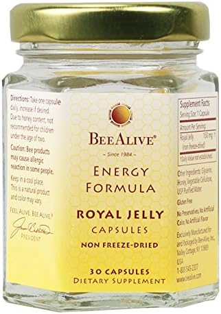 BeeAlive 150 milligrams royal jelly vegetarian capsules label showing supplement facts