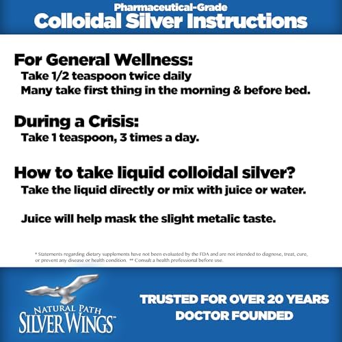 Authentic USA imported Natural Path Silver Wings colloidal silver bottle with 2500mcg elemental silver details.