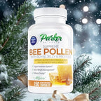 Side angle view of the Parker Naturals Bee Pollen Royal Jelly bottle highlighting the nutritional supplement facts.
