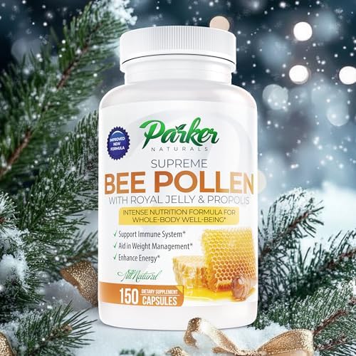 Side angle view of the Parker Naturals Bee Pollen Royal Jelly bottle highlighting the nutritional supplement facts.