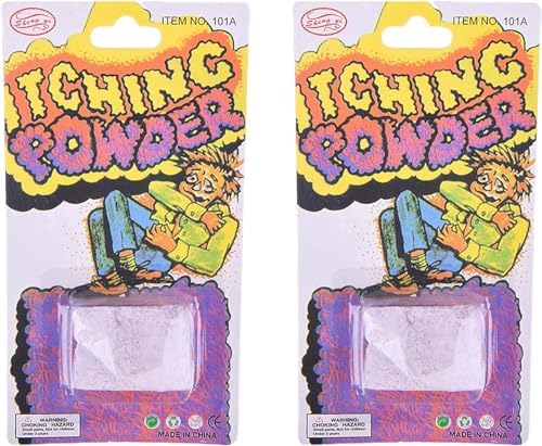 Close up of purple Junfamilee itching powder packet details and warnings