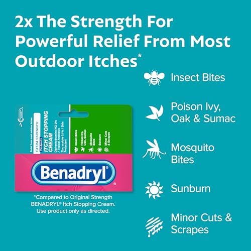 Back label of Benadryl Extra Strength topical ointment detailing drug facts, warnings, and directions for insect bites.