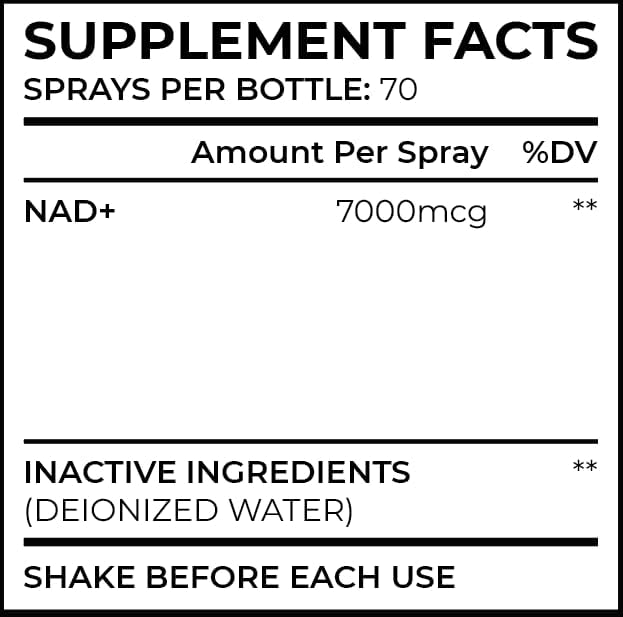 Close up of Quality Sprays Nicotinamide Adenine Dinucleotide bottle showing 70 sprays count.