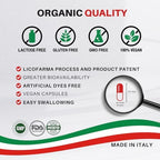 Licofarma organic antioxidant supplement packaging emphasizing the 100 percent vegan and non GMO product highlights.